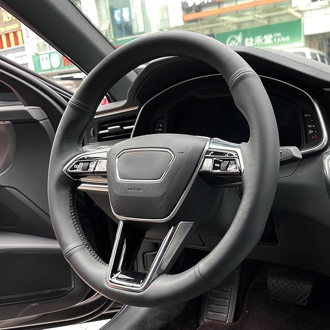 MEWANT Custom DIY Black Smooth Genuine Leather Steering Wheel Cover for Audi A6 Allroad A7 RS 6 Avant RS 7 S6 A7