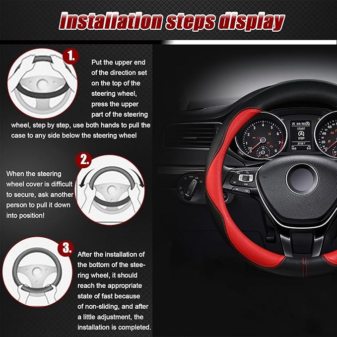 Steering Wheel Cover, Anti Slip Breathable Comfort PU Imitation Leather Cute Car Accessories for Women Girl, Universal Protector in All Season 15 inch Fit Most Car(Red)