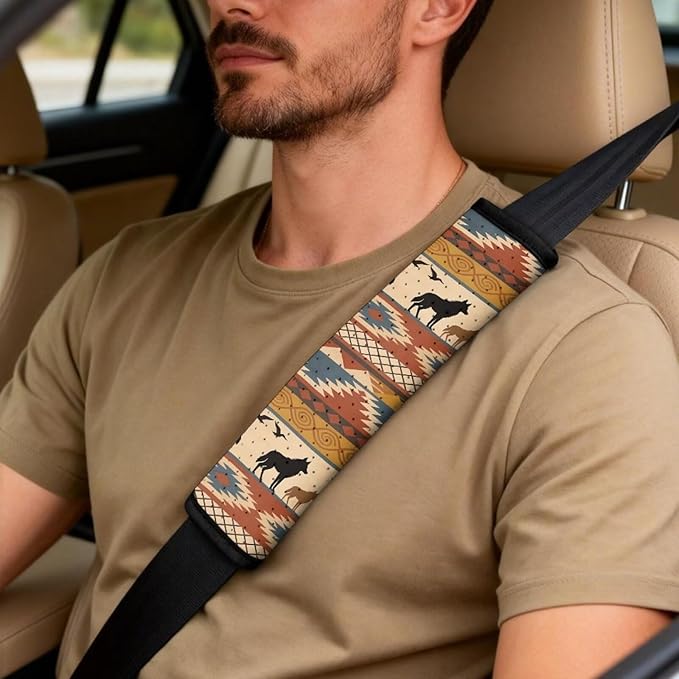 FUSURIRE Aztec Wolf Print Car Interior Accessory Set of 5,PU Front Seat Covers, Seat Belt Covers & Center Armrest Pad,Universal for Car, SUVs,Van,Small Trucks