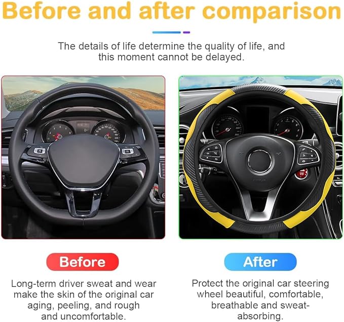 Car Steering Wheel Cover, 15 inch Carbon Fiber Microfiber PU Leather Elastic Steering Wheel Protector for Men Women, Anti-Slip Breathable Car Interior Accessories for Most Cars (Yellow)