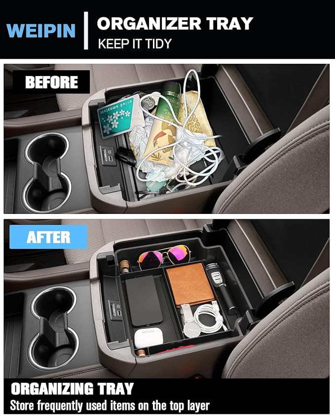 WEIPIN for Center Console Organizer Tray ABS Materials Compatible with 2021-2024 Chevrolet Tahoe& Suburban/GMC Yukon（Standard Console w/Charging Socket - Not for Power Sliding Console