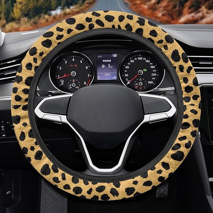 Universal Non-Slip Steering Wheel Cover, 15-inch Polyester Material Driving Accessories, Adjustable for Car and Truck(Classic Amber Leopard)