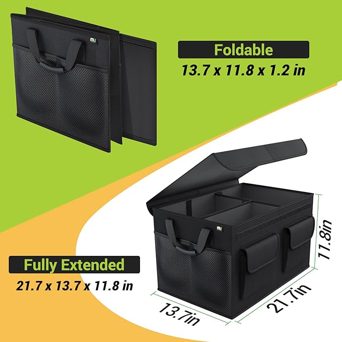 MIU COLOR Car Trunk Organizer with Lid, Foldable Car Storage Organizer with 3 Compartments, 8 Pockets, Leather Handles, Non-Slip Bottom, Car Organizer and Storage for SUV, Van, Grocery, Camping
