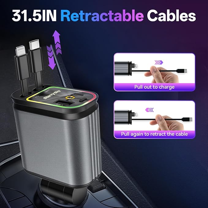 Retractable Car Charger, 4 in 1 Fast Charging Car Charger USB-C & USB-A Compatible with iPhone 16/15/14/13/12/11,Galaxy,Pixel