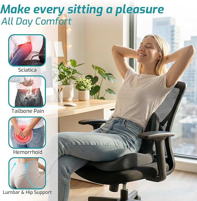 Memory Foam Seat Cushion with Lumbar Support Pillow,Office Chair Cushion,Ergonomic Car Seat Cushion,Designed for Tailbone,Sciatica,Back Pain Relief,for Office,Car,Truck,Desk Chair (Black Honeycomb)