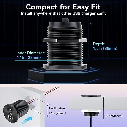 2PCS RV USB Outlet 72W Aluminum Alloy 12V/24V 3 Charging Ports, GIBBAB 36W PD3.0 Type-C+2 18W QC3.0 Fast Charging Socket, Waterproof Cover Recessed Mount Car Charger Cigarette Lighter Replacement for