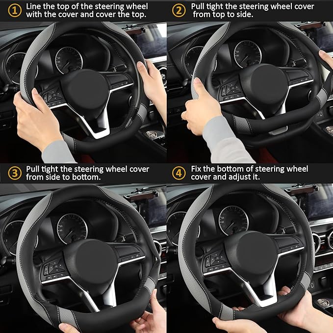 West Llama Flat Bottom Car Steering Wheel Cover for Hyundai,D Shaped Steering Wheel Cover for Tucson,Sonata,Elantra,Santa Fe,Genesis,Sonata Hybrid,Azera,Venue,Kona (Black+Gray-Standard Size)