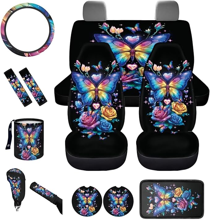 Dngkaoje Butterfly Car Seat Covers Full Set 13 Pack Women Auto Interior Seat Protective for Front and Rear Cute Butterfly Print Car Accessories for Ladies Girly Hanging Trash Bag,Seatbelt Pads