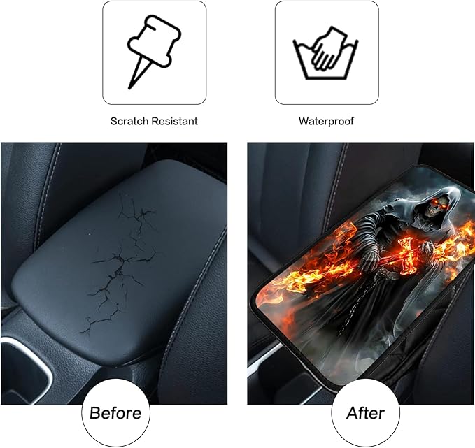 JANENFNA Car Armrest Cover Pads Universal Fashion Cute Auto Center Console Armrest Cover Pad with 2PCS Car Coasters Soft Waterproof Car Armrest Seat Protector for Women,Grim Reaper Flame Cross