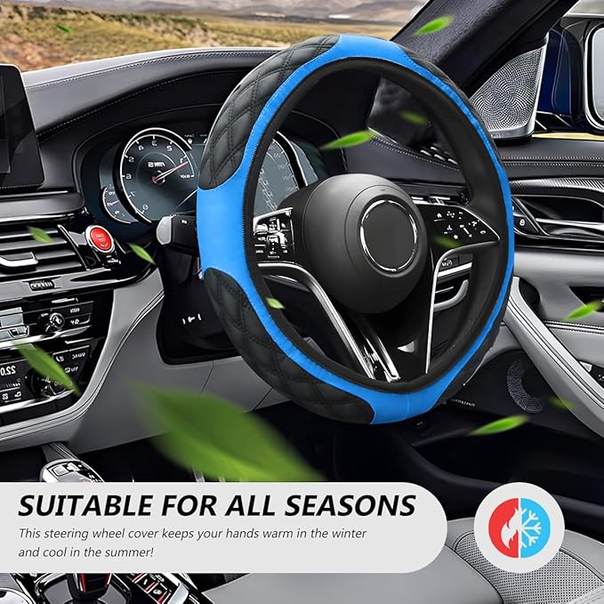 Car Steering Wheel Cover, 15 Inches Leather Steering Wheel Protector with Non-Slip Grip, Universal Wheel Covers Interior Decoration for Sedens Trucks SUVs, Car accessories (Blue)