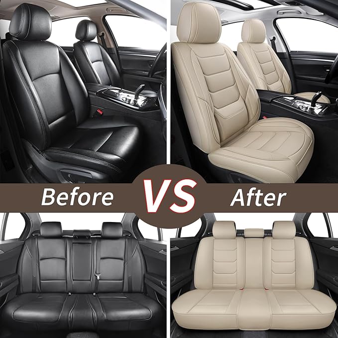 SCOMEE Beige Leather Car Seat Covers Full Set Breathable Seat Protectors Waterproof Automotive Seat Covers Universal Fit for Most Cars SUVs Trucks Vehicles