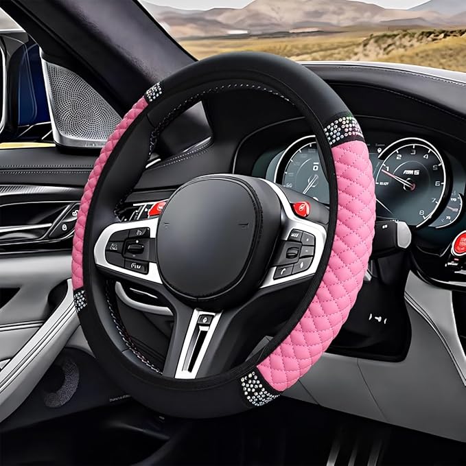 Bling Soft Leather Steering Wheel Cover, 15" Anti-Slip Sparkly Crystal Auto Elastic Steering Wheel Protector for Women Girl, Colorful Diamond Car Interior Accessory for Most Cars (Pink)