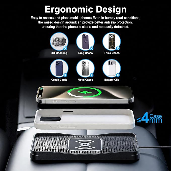 Car Wireless Charger Pad, 15W Fast Wireless Car Charger, Non-Slip Phone Charger Compatible with iPhone 16/15/14/13/12, Samsung S25–S9, Android Phones ﻿