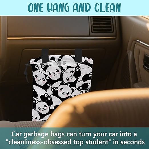 KXWQTRDD Car Garbage Bag Cute Black Panda Drawstring Car Trash Bag Hanging for Back Seat with Adjustable Buckle Canvas Vehicle Trash Can Easy-to-Install