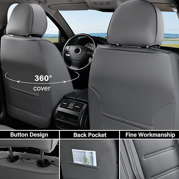 Coverado Car Seat Covers Full Set, Seat Covers for Cars, Car Seat Cover, Car Seat Protector Waterproof, Leather Car Seat Cushion, Universal Car Interior Covers Seat Protectors for Most Cars Gray