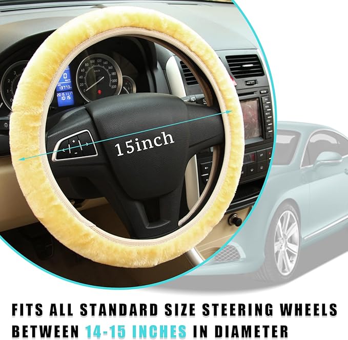 Ziciner Elastic Fuzzy Steering Wheel Cover, 15'' Soft Steering Wheel Protector for Warm Winter, Anti-Slip Fluffy Car Wheel Covers, Universal Car Interior Decor Accessories for Women Men (Beige)