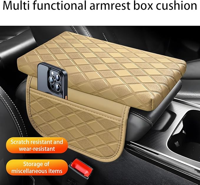 Car Center Console Cover, Leather Vehicle Armrest Pad with 2 Side Storage Bags, Comfortable Auto Interior Middle Console Storage Box Cushion Accessories, Universal for Most Cars (Beige-1)