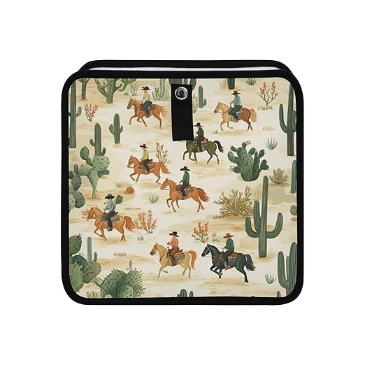 Car Trash Can Organizer Bin with Adjustable Strap for Back Front Seat Console Waterproof Leakproof Collapsible Portable 11 Inch Cute Cacti Desert Cowboys Horses