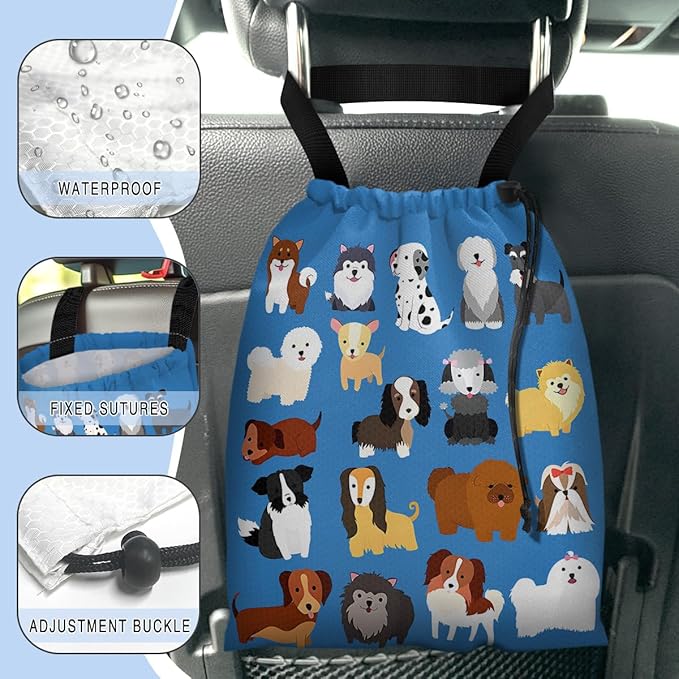 GEGEPINK Car Trash Bag Hanging Back of Seat Waterproof Small Cute Printed One-Handed Strap Drawstring Garbage Bags for Car-Cute Animal Dogs