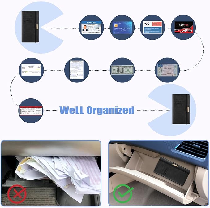 Car Registration and Insurance Holder Vehicle Glove Box Organizer Leather Car Document Holder for Driver's License, ID, Key Information Cards with Elastic Band Closure, Black
