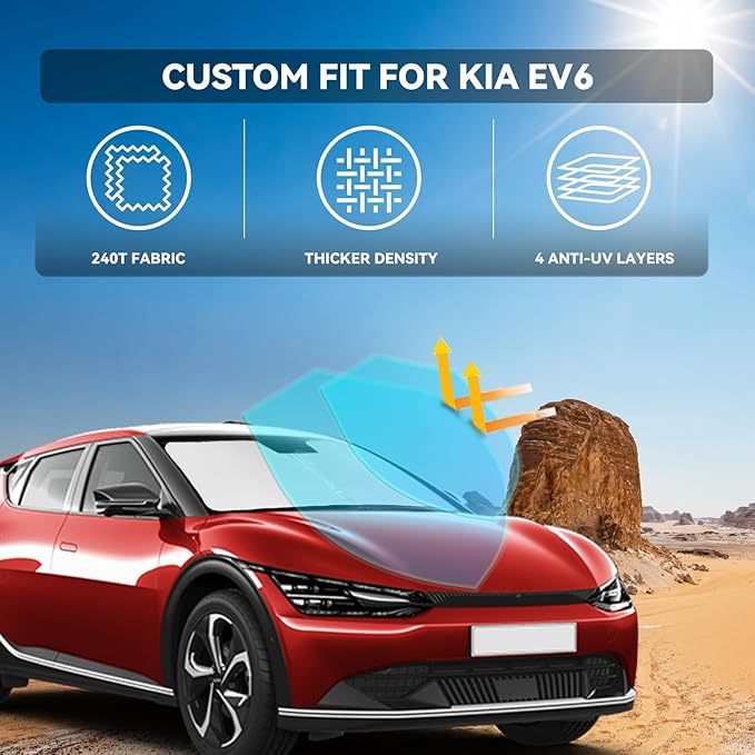 for Kia EV6 2022-2025 2026 Windshield Sun Shade - 4 Layers Car Sunshades for Front Windows Shade Cover Custom Fit EV6 Sun Visor 240T Retractable Shade Blocks UV Rays Car Accessories
