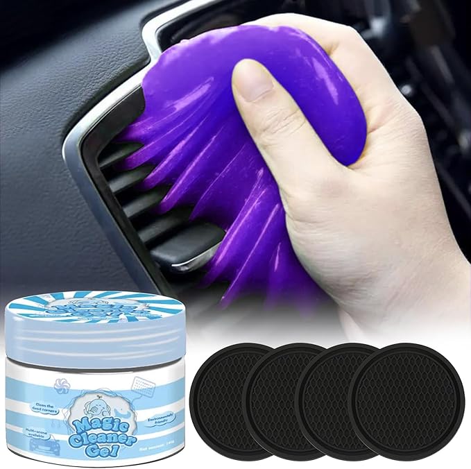 2-in-1 (Car Cleaning Gel for Car Detailing) and (4 Pack of 2.8-inch Car Coasters for Cup Holders) Automotive Dust Cleaning Putty Car Slime for Cleaning Car Interior, PC, Keyboard (Purple)