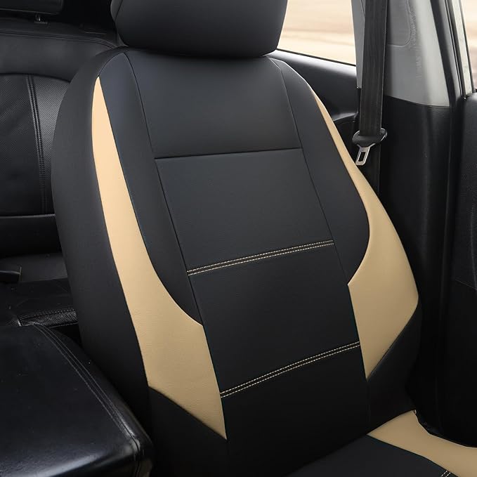GIANT PANDA Front Car Seat Cover for Hyundai, Leather Bucket Seat Covers Custom Fit Hyundai Sonata Elantra Santa Fe Tucson Accent Kona Palisade Genesis Venue Ioniq(Beige+Black) 2-Pack