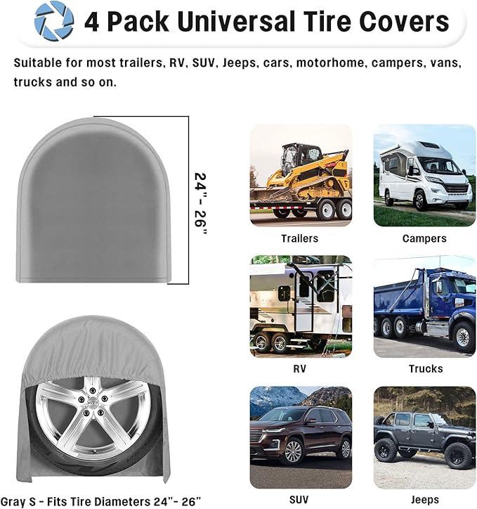 OutdoorLines Outdoor Waterproof Tire Covers Set of 4 - UV-Proof Trailer Wheel Cover Windproof Tire Protector for RV Jeep Trailers Camper Van Truck, Universal Tire Covering Fits Diameters 24"-26", Gray