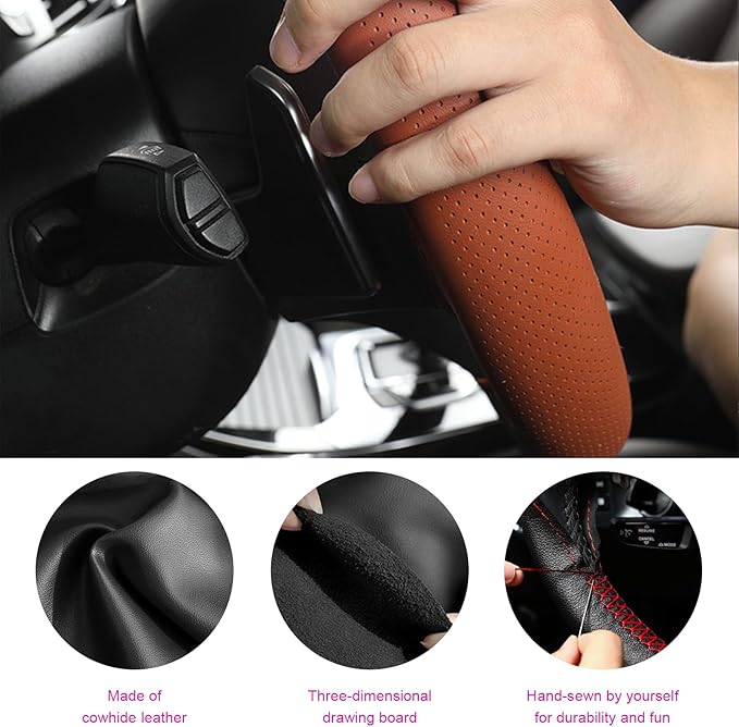 Ziciner Genuine Leather Steering Wheel Cover, Stitch on Wrap, Breathable Anti-Slip Car Steering Wheel Protector for Max Diameter 15 Inch, DIY Sewing with Needles Thread (Brown, Middle Hole)