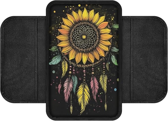 CLOHOMIN Sunflower Auto Center Console Armrest Cover Dream Catcher Car Arm Rest Cushion Accessories Interior Decor Fit SUV Truck Sedan Car Armrest Cover Cushion with Pockets