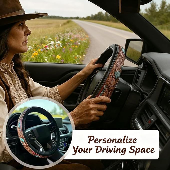 Retro Western Cowboy Car Universal Steering Wheel Cover – Western Steering Wheel Cover for Men & Women - 15 Inch Embossed Leather Anti-Slip Grip–Universal Fit for Truck, SUV, Car (E)