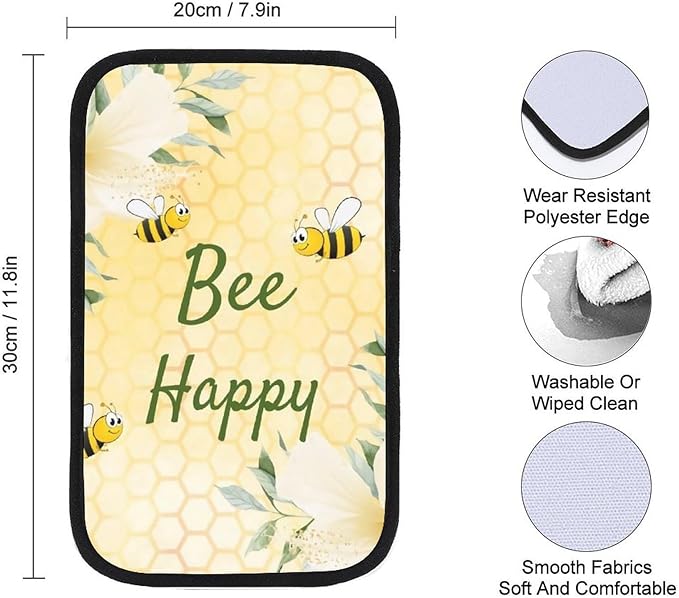 Bee Happy Bumble Bees Yellow Honeycomb Car Center Console Cushion Pad,Waterproof Armrest Seat Box Cover Protector,Comfortable Car Decor Accessories Fit for Most Cars, Vehicles, SUVs