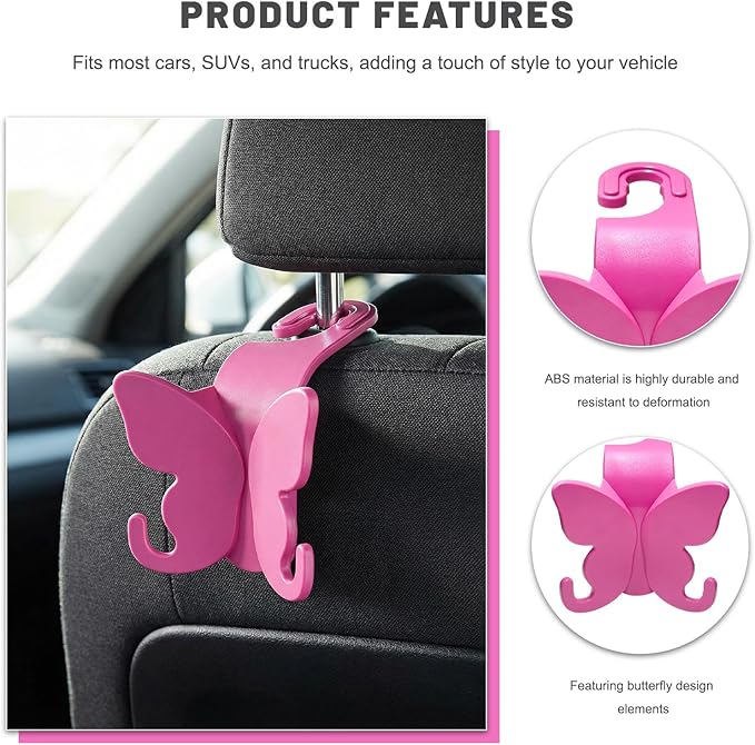 2 PCS Car Seat Headrest Hook, Butterfly Multipurpose Storage Hook Seat Back Purse Holder, Cute Butterfly Headrest Purse Hanger Interior Accessories for Car Truck SUV (Pink)