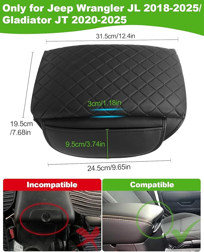 TBHOO for 2024 2025 Jeep Wrangler JL 2018-2023 Center Console Cover for Jeep Gladiator JT 2020-2025 Armrest Cover Jeep Accessories Arm Rest Pad Console Cushion Lid Black Leather with Pockets
