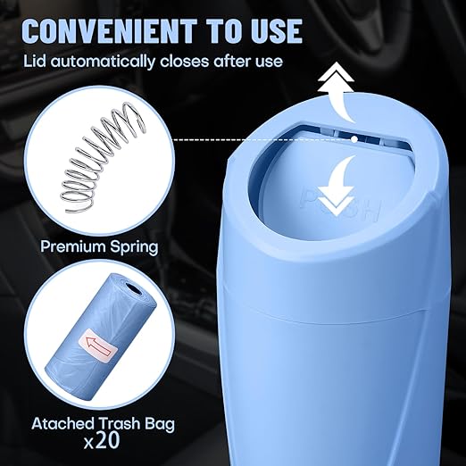 SGLRT Car Trash Can with Lid - Blue Mini Leakproof Vehicle Garbage Can Bin with 20pcs Trash Bags - Car Organizers and Storage for Front Back Seat Accessories