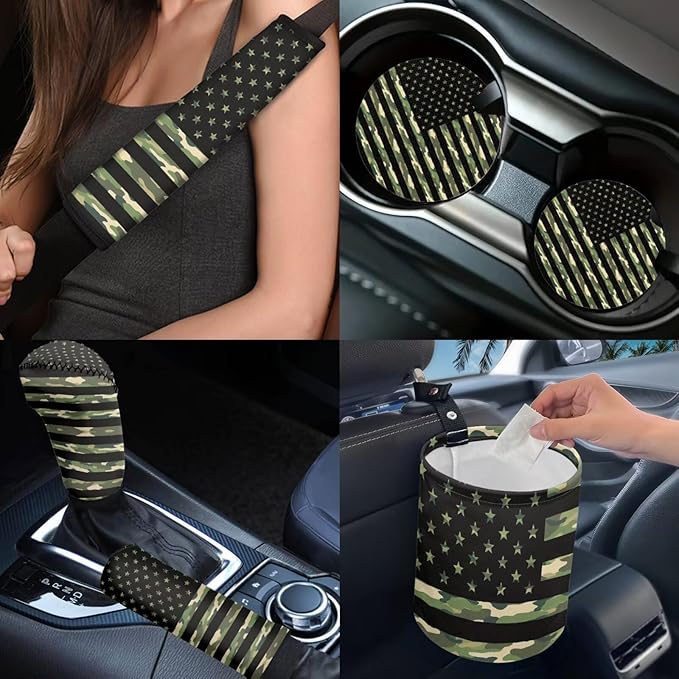 Dngkaoje Camo American Flags Car Seat Covers Full Set 13 Pcs 4th of July Decorations Car Accessories Set with Hanging Trash Can,Seatbelt Pads,Steering Wheel Covers,Fit for Most Truck SUV