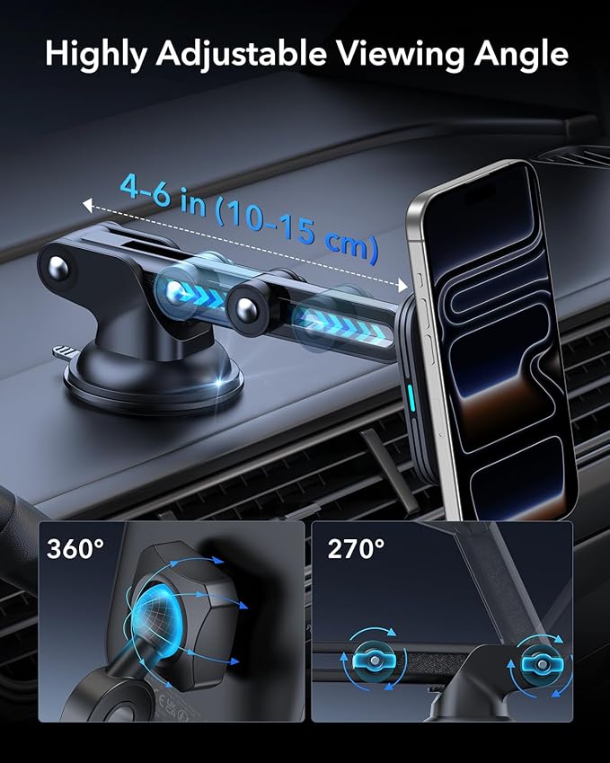 ESR for MagSafe Car Mount Charger, for Magsafe Car Charger, Dashboard Suction Cup Magnetic Car Mount, 360° Rotation, Magnetic Car Phone Holder for iPhone 17e/17/16/15/14/13/12, S26/S25, Fast Charging