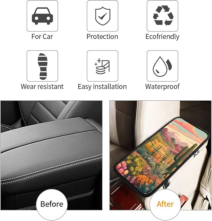 Desert Cactus Sunset Center Console Cover Pad, Car Armrest Seat Box Cover Cushion Universal for Most Vehicle SUV Truck, Car Interior Accessories Decor, Protect from Pet Claws & Dirt