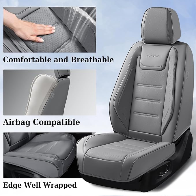 Coverado Car Seat Covers Full Set, Seat Covers for Cars, Car Seat Cover, Car Seat Protector Waterproof, Leather Car Seat Cushion, Universal Car Interior Covers Seat Protectors for Most Cars Gray