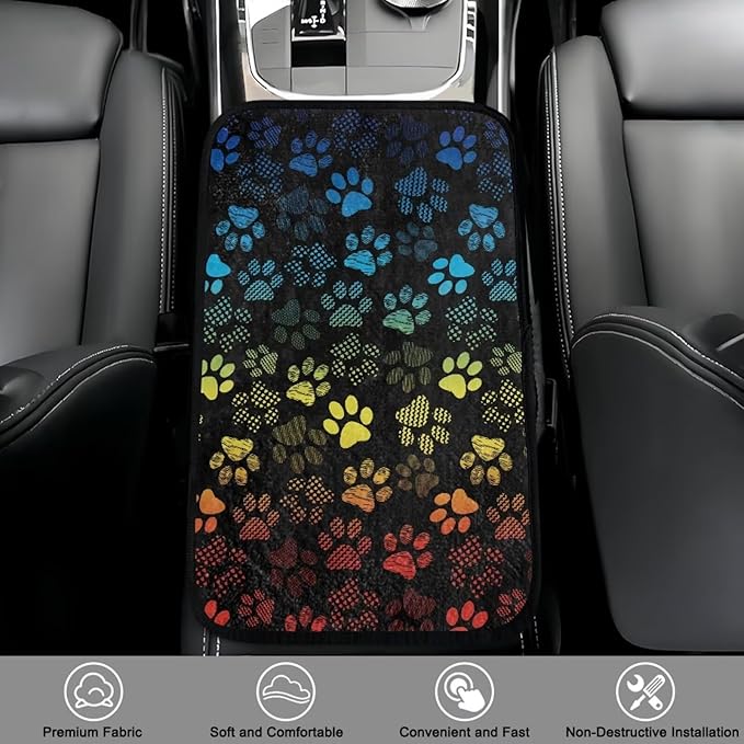 Bulopur Colorful Dog Paw Prints Auto Armrest Console Car Accessories Car Center Console Cover Easy to Install Armrest Console Cover Flannel Thickened Fit for Most Cars, Vehicles, SUVs