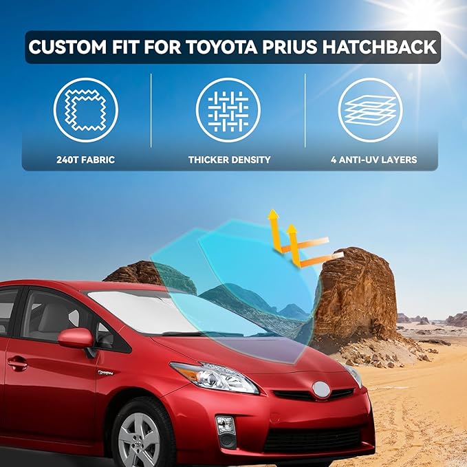 for Toyota Prius Hatchback 2010-2015 Windshield Sun Shade - 4 Layers Car Sunshades for Front Windows Shade Cover Custom Fit Prius Hatchback Sun Visor 240T Shade Blocks UV Rays Car Accessories