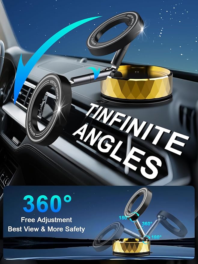 Vacumm Magnetic Phone Holder | Car Phone Holder for iPhone with Magsafe【Nano Glue& Suction Cup & Strong Magnet & 360°Adjustment】 Apple Phone Mounts of Car Accessories(Golden)