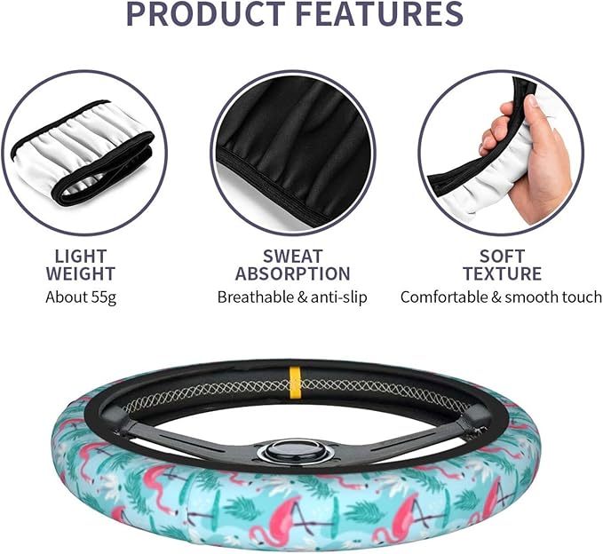 Flamingo Gifts for Women Steering Wheel Cover for Women Men with 2 Pcs Car Coasters, Universal 14.5-15 Inch Rainbow Steering Wheel Covers Non-Slip Car Accessories for Girls