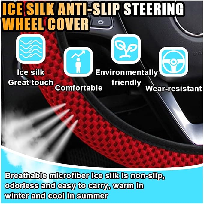 Stretch Elastic Steering Wheel Cover, All-Season Comfort, Warm in Winter & Cool in Summer, Universal 15 Inch Microfiber Breathable Ice Silk, Anti-Slip, Odorless, Easy Carry, Fit Car, SUV (Red)