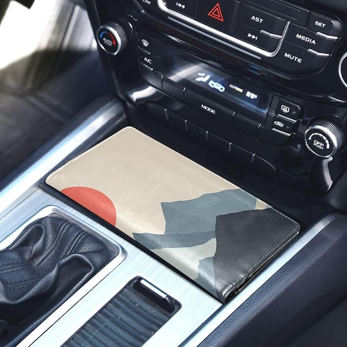 Qilmy Simple Sun Mountain Car Registration and Insurance Holder PU Leather Vehicle Document Wallet Glove Box Organizer with Clear PVC Card Slots for Driver License ID Cards
