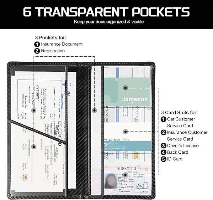 JUSTTOP 1Pack Car Registration and Insurance Holder,Car Document Holder for Cards License with Magnetic Shut,Vehicle Glove Box Car Organizer for Documents, Cards, License(Carbon Fiber Black)
