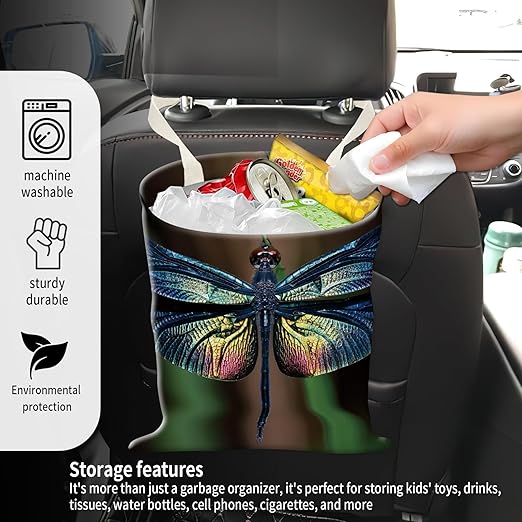 ADQWIOVL Car Garbage Can, Seat Back Hanging Cute Car Trash Can Bag, Car Organizer and Storage Bag for Travelling, Outdoor Cute Dragonfly