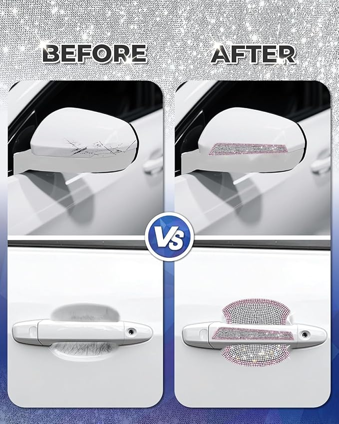 8Pcs Bling Car Door Handle Protector Stickers,Crystal Rhinestone Glitter Car Door Handles Cup Scratch Protectors Decals Universal (Pink White)