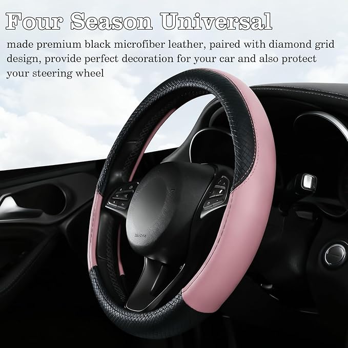 Black & Pink Car Steering Wheel Cover, Microfiber, Leather Patchwork, Universal 14.5-15 Inch Leather Anti-Slip Breathable Auto Steering Wheel Covers for Men Women