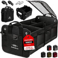 DURABLEZ 2-Section Trunk Organizer Foldable Car Storage Bin – Compact Dual-Compartment Auto Organizer with Cover Net, Non-Slip Pads, Heavy Duty Oxford 1680D – Black